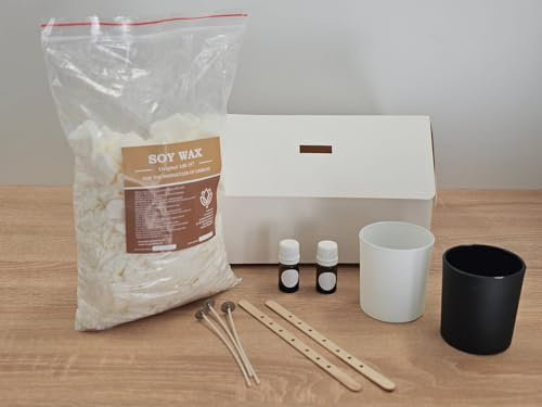 Original Soy Wax DIY Kerzenherstellungsset Natürliches 1 kg Sojawachs + 11 Elemente, Kerzendochte, Dochthalter, Duftöle, Kerzenglas, Kerzen Selber Machen Set, Verschiedene Düfte