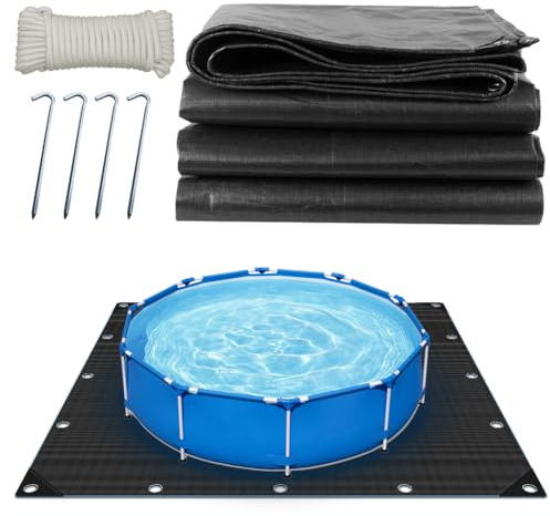 Roadtime Lona de Suelo para Piscina 120 g/m² Gruesa Cuadrada (4×4 m, Negro) | Base de Piscina, con 4 Ganchos y 20 m de Cuerda de Nailon, con Agujeros, Impermeable y Resistente a Desgarros