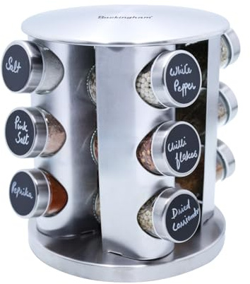 Buckingham 30920 - Estante giratorio de acero inoxidable con cristal, organizador de carrusel para especias y hierbas de cocina (12 tarros)