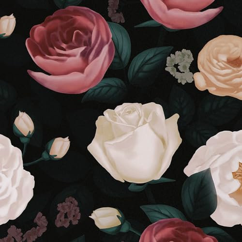 VOLEAAR Dark Black Rose Floral Wallpaper Peel and Stick Vintage Contact Paper Retro Boho Vinyl Removable Waterproof for Drawer Walls Cabinet Bedroom Shlef Liner 44.5CM x 1000CM