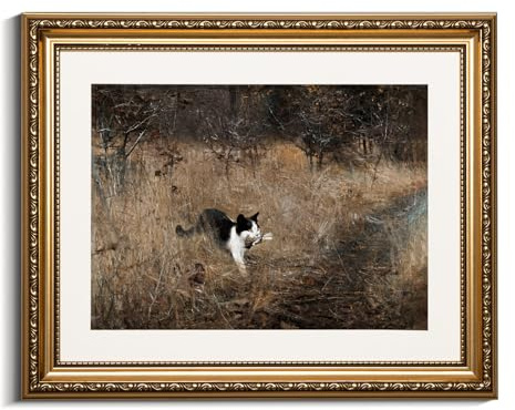 VIYYIEA Wandkunst, Motiv: schwarze Katze, die einen Vogel hält, goldgerahmt, rustikale Naturlandschaft für Wohnzimmer, kein Glas-Design, strukturierte Leinwandoberfläche, elegante Wandkunst für