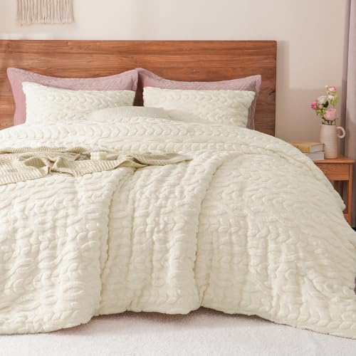PHF Fluffy Sherpa Fleece King Comforter Set, 3 Pieces Warm Fuzzy Soft Bedding for Winter, 3D Tufted Flannel Plush Shaggy Bed Set, 1 Comforter (104x90) and 2 Pillowcases (20x36), Cream