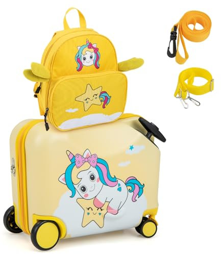 COSTWAY 2tlg Kinderkoffer + Rucksack, 12+18 Kindertrolley mit Rollen und wasserdichter Hartschale, Kindergepäck, Rollkoffer mit Rucksack für Jungen und Mädchen (Gelb Einhorn)
