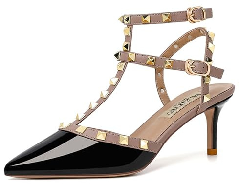 FamMe Damen-Pumps mit Nieten, Slingback-Kitten-Heels, spitzer Zehenbereich, T-Knöchelriemen, Stiletto-Sandalen, Hochzeits-Party-Kleid, Pump-Schuhe,Schwarz,38