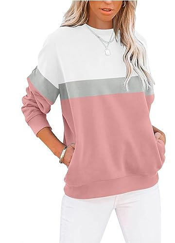Cuptacc Sweat Femme sans Capuche Farbblock T-Shirts à Manches Longues Femme Poches Col Rond Loose Top Femme Rose M