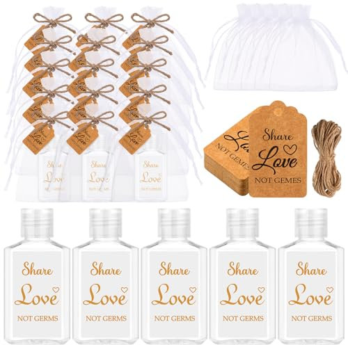 Tiangrid Mini-Händedesinfektionsmittel-Flaschen, Großpackung, Hochzeitsgeschenke für Gäste, 57 ml, leere Reisegröße, Händedesinfektionsmittel-Flaschen mit 50 Organza-Beuteln, Dankesanhänger für