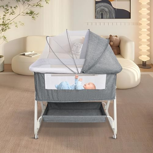 HUOLE 3 in 1 Beistellbett, Reisebett Baby mit Matratze, Babybett 6 Fach höhenverstellbar mit Aufbe, tragbarer Stubenwagen mit Rollen für Baby bis 36 Monaten-92 * 52 * 106-118cm – Leinengrau