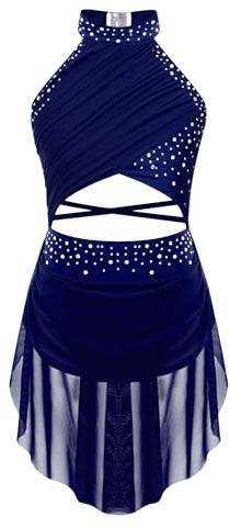 iiniim Vestido de Patinaje Artístico para Niñas Vestido Danza Lírica y Contemporánea Maillot con Falda Ballet de Malla y Pedrería Brillante Disfraz Bailarina 5-16 Años Azul Marino 15-16 años