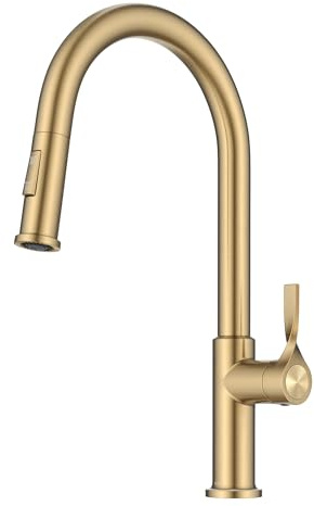 KRAUS Torak Pull Down Kitchen Faucet in Spot-Free Brushed Brass with 2 Function Sprayer, Pre-Attached Water Lines, and Mounting Hardware, KPF-2840SFBB