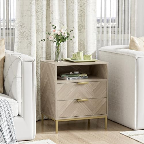 Yvsevnr Mesitas de Noche Madera 2 Cajones y Compartimento Abierto Espiga Mesilla Noche con Asas y guías de Metal, Gabinete de Noche para Dormitorio, Salón, Modernas,50 x 40 x 60 cm