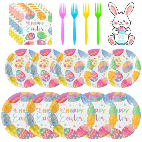 96 Pcs Happy Easter Plates and Napkins Forks Sets - Colorful Eggs Themed Round Tableware, Disposable Spring Flowers Paper Plates Napkins Set for Easter Party Supplies Favors Table Decor, Serves 24