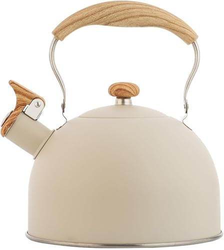 Bouilloire sifflante en acier inoxydable de 2,5 L avec poignée en bois, adaptée à la cuisinière(Beige)