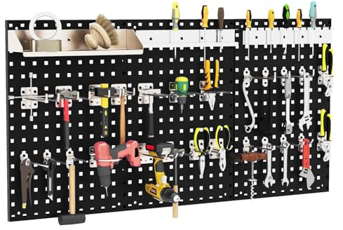 GYMAX Werkzeugwand 120 x 60 x 2 cm, Werkzeug Lochwand aus Metall mit 28 Teilen Aufhängzubehör, Wandregal Regalsystem inkl. Haken & Halterungen, Werkstattregal für Garage & Werkstatt (Schwarz)
