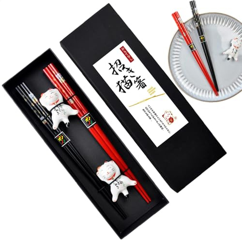 Demsyeq Lot de 2 paires de baguettes mignonnes réutilisables en céramique pour chat | 24 cm antidérapant avec étui pour nourriture japonaise, chinoise et vietnamienne
