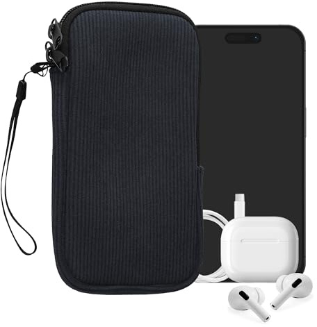 kwmobile Universal Smartphone Sleeve - Corduroy with Hand Strap and Zipper Closure - Internal Mesh Pocket - Mobile Phone Sleeve Pouch - Neoprene Phone Sock - Navy Blue