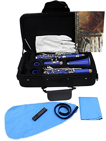 B Platt Klarinett med 17 Nyckel, Utsökt Design, Cupronickel -nycklar, Vassfodral Rengöringdukhandskar, ABS -instrument för Musikentusiaster (BLACK) (BLUE)