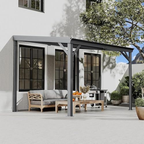 Domi 8'x10' Wall Mounted Hardtop Gazebo, Connectable Lean to Pergola with Gutters & Galvanized Steel Roof, 60MPH Wind Resistance, Outdoor Heavy Duty Metal Awning for Patio, Deck, Backyard - Grey