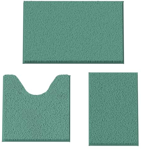 placeroom Badezimmermatten-Set, 3-teilig, Bad- und WC-Vorleger-Set, ultraweich, Chenille, rutschfest, Badematten-Set, waschbar, super saugfähig, Bad (dunkelgrünes Badeset)
