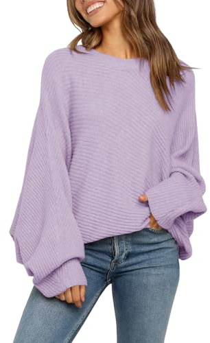 Fessceruna Maglione da Donna Oversize con Maniche a Pipistrello Lavorato a Maglia Invernale con Collo Rotondo Felpa a Coste