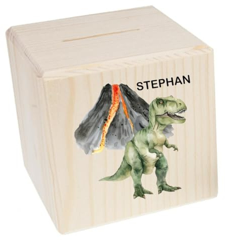 minimutz Spardose Holz Kinder, Personalisierte Sparbox Dinosaurier Jungen, Holz Sparbüchse 10x10 cm, Bunter Aufdruck Dino T-Rex