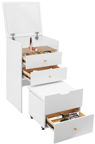panfudongk Sminkbord med spegel och belysning, modernt sminkbord med lådor och universella hjul, kompakt sminkbord för sovrum med stol och spegel i vitt, fristående