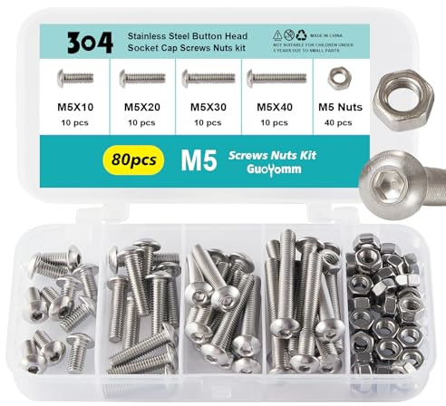 GuoYomm Set di viti M5, 80 pezzi, viti a esagono incassato, dadi a testa cilindrica, in acciaio inox 304, set di bulloni meccanici, in scatola combinata, lunghezza: 10 mm, 20 mm, 30 mm, 40 mm