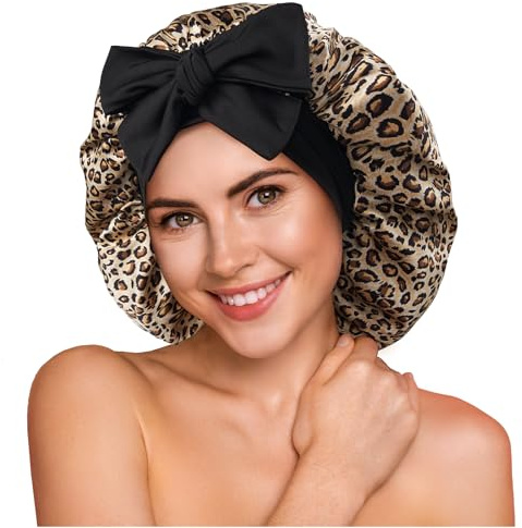 Umisleep 100% 22 Momme de Mûrier Bonnet Soie Cheveux Nuit pour Dormir,Bonnet de Nuit Doux en Soie Double Couche pour Cheveux Frisés,Respirant,Large Bande Ajustable pour Attacher à la Tête,Léopard+Noir