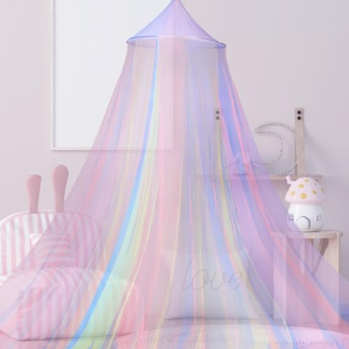 Kievano Regenbogen Betthimmel Kinderzimmer – Moskitonetz Mädchen 60×250×1200 cm – Baldachin Himmelbett für Babybett Einzelbett Doppelbett – Inklusive Haken & Aufbewahrungsbeutel – Polyester Netz