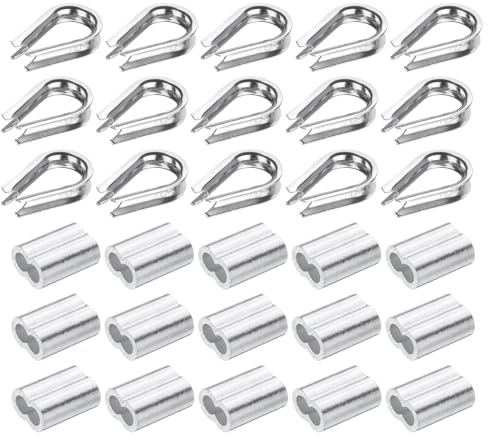 PATIKIL 40 st M5 304 rostfritt stål vajer kit, vajer kabelklämma, rör kaus och krympögla för 3/16 tum vajer kabel kaus och silver