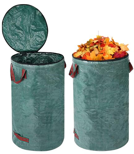 mizikuu 2 x 120L Sacchi da Giardinaggio Professionali, Sacco per Rifiuti da Giardino con Coperchio e 4 Maniglie Borsa da Erba Polipropilene Robusto Raccogli Foglie Giardino Riutilizzabile Antistrappo