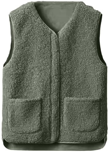 CheChury Chaleco Mujer Lana Polar Termico Forro Polar sin Mangas con Bolsillos Clásico Cómodas Cálido y Suaves Chalecos Elegantes Chaqueta Teddy Cremallera Cuello En V Elegantes Sólido Otoño Invierno