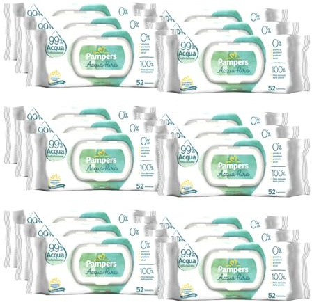Pampers Acqua Pura Salviette Umidificate Neonato/Bambino, 624 Unità | 12 Confezioni, 99% Acqua e Cotone, 100% Fibre Vegetali, Pelli Delicate, Senza Profumi Aggiunti, 0% Plastica, Alcol e Parabeni