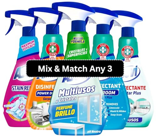 Mix & Match Any 3 Spanish Household Cleaning Spray Bundle – Bathroom Cleaner, Degreaser, Disinfectant, Window Glass Cleaner, Stain Remover