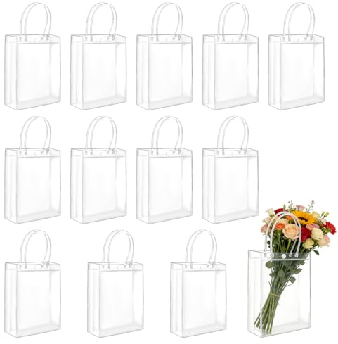 12 Stück Transparente PVC-Geschenktüten mit Griffen, 23 x 17 x 6 cm Klare Taschen für Geschenke Wiederverwendbare Durchsichtige Geschenktüten für Party, Hochzeit, Geburtstag und Einkaufen