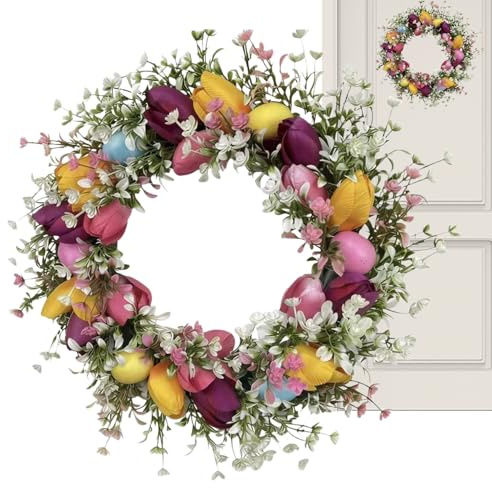 Osterkranz Mit Eiern Und Tulpen, 45cm Frühlingskranz Als Türdekoration - Künstlicher Blumenkranz Für Osterdeko Im Eingangsbereich, Wohnzimmer