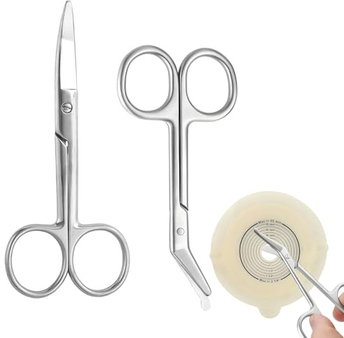 Stomaschere & Verbandschere 2er Set - Gebogene & Gerade Stomabeutelschere | mit Stumpfer Spitze aus Edelstahl Rostfrei, Pflege & Krankenschwester Zubehör für Kolostomie Verband, 11,2 cm & 14 cm