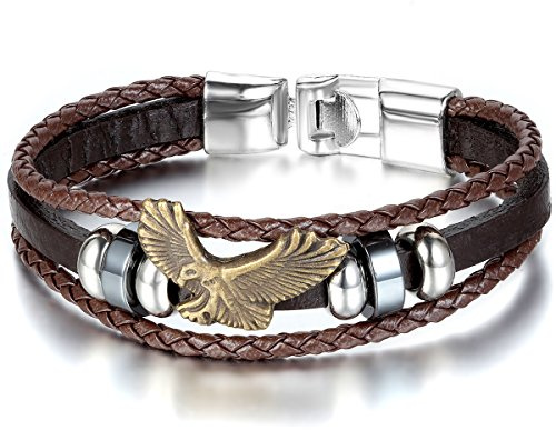 JewelryWe Schmuck Herren Damen Armband, Punk Rock Löwe Geflochten Charm Tribal Armreif, 21-30cm Verstellbaren Größen, Leder Legierung Baumwollseil, Braun Schwarz Silber
