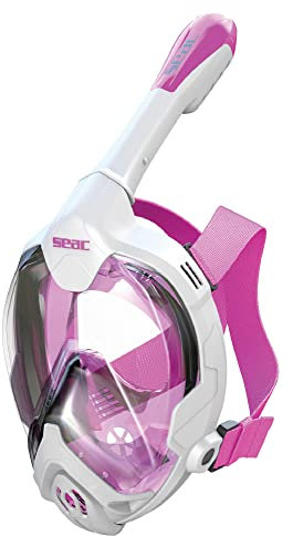Seac Magica, Maschera Snorkeling Full Face Integrale Anti Appannamento con Morbido Facciale in 4 Taglie, Valvola di Spurgo e Snorkel Dry Top, bianco/rosa, XS/S