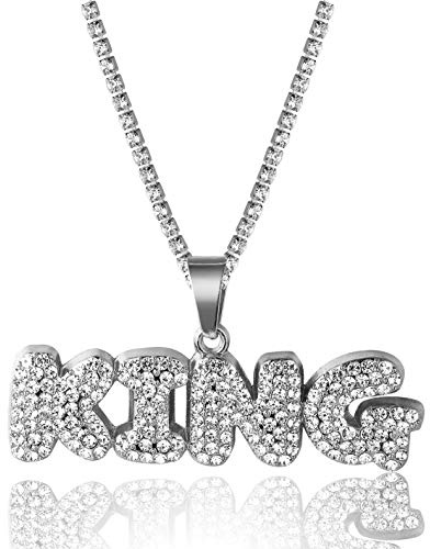 Halukakah Goldkette mit Blasenbuchstabe King/Gang/Trap/Savage,Diamant Halskette für Männer 18 Karat Echtvergoldung/Platin Weißgold mit Seilkette 60cm/Tenniskette 50cm Kostenlose Geschenkbox