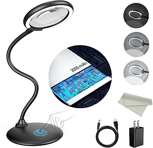 5X Rechargeable Magnifying Glass with Light and Stand, Raweao Dimmable Lighted Magnifying Lamp Glass for Reading, Close Work, Hobbies, Crafts