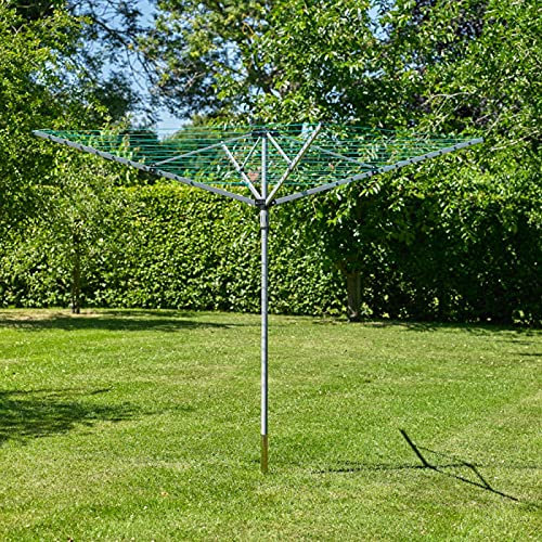 Greenfields 50m Rotary Washing Line for Outdoor Laundry with 4 Arms for Drying, Stainless Steel Heavy Duty Rotate 360 Degrees for Easy Access - Folds Away to Save Space - Ground Socket