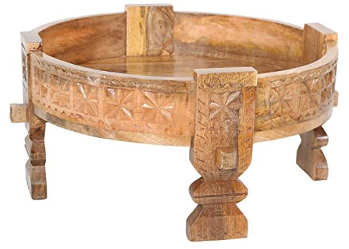Casa Moro Tavolo da Lavoro Rakim Naturale, Diametro 50 cm, Rotondo x Altezza 26 cm, in Legno Massiccio Intagliato, Stile Antico Marocchino Vintage, Divano