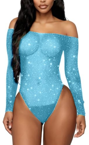 RSLOVE Lencería de Mujer Body de Red Ver A Través Sexy de Manga Larga de Una Pieza Teddy Claro Azul Una Talla