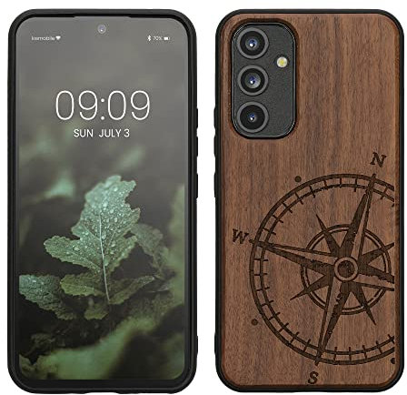 kwmobile Hülle kompatibel mit Samsung Galaxy A54 5G Hülle - Holz Case - Handy Cover - TPU Handyhülle in Dunkelbraun Kompass Vintage