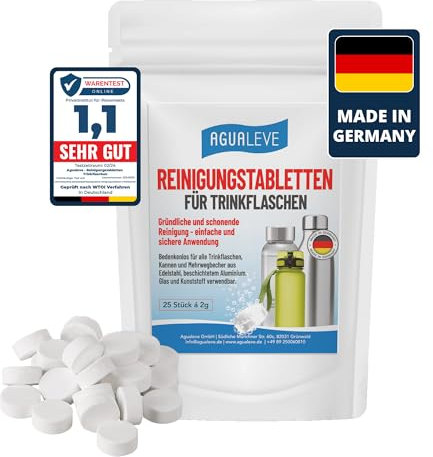 AGUALEVE® Reinigungstabletten für Trinkflaschen 25 Stück *NEU* | gründliche & schonende Reinigung von Trinkflaschen, Kannen & Mehrwegbecher aus Edelstahl, Alu, Glas & Kunststoff | Made in Germany
