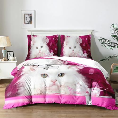 Yzehomijia Betthüsse Katze 140×200 cm, Kinderbett gedruckt Katze 3D, 1 Betthüsse aus Mikrofaser Rose + 2 Kissenstücke 65×65 cm (Cat1×140)