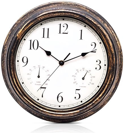 GOEDCH Horloge murale vintage : étanche, silencieuse, rétro, résistante aux intempéries, avec thermomètre et hygromètre, silencieuse, sans tic-tac en métal, pour chambre à coucher, salon, cuisine