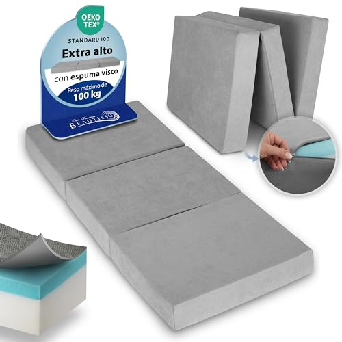 Beautissu Premium L Materasso pieghevole 80x200 cm Letto per gli ospiti con coperchio – spessore extra 14 cm Materasso schiuma viscoelastica Livello rigidità H3 – lavabile Materasso – Grigio