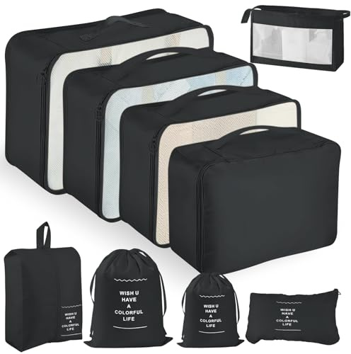 YAMAIDUO Organizer Valigia, 9 Pezzi Packing Cubes, Organizer Viaggio Salvaspazio, Travel Kit per Vacanze e Viaggi, Viaggio Accessori Utili per Cosmetici Abbigliamento Intimo Vestiti Borse, Nero