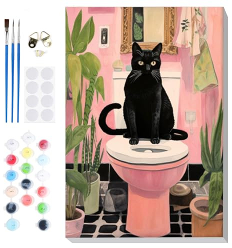 Lxmsja Måla efter siffror för vuxna, Inramad Svart Katt i Badrum Måla efter nummer Kit, DIY Akrylmålning för Hem Väggdekor, 20x30cm